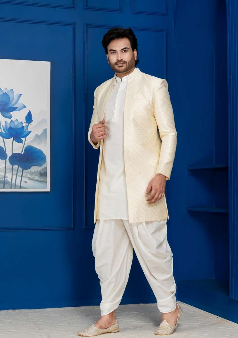 Golden Embroidery Jacquard Sherwani Set For Men - Indya