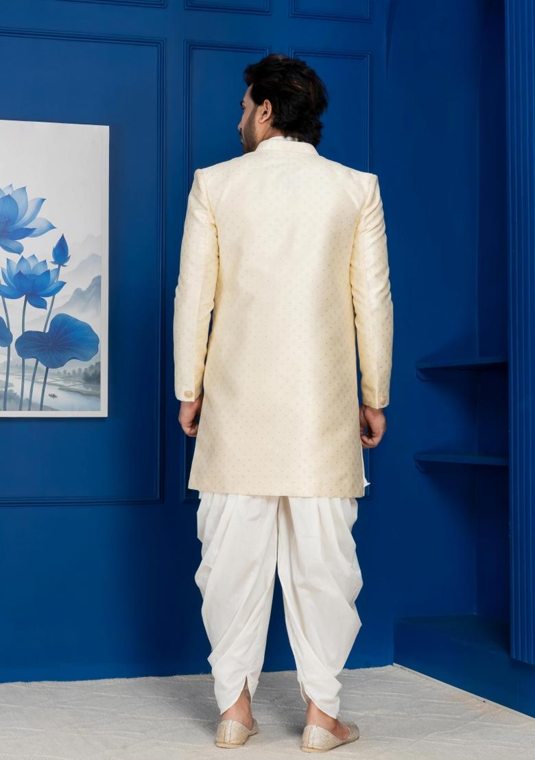 Golden Embroidery Jacquard Sherwani Set For Men - Indya