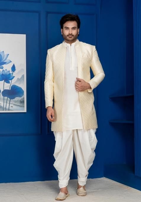 Golden Embroidery Jacquard Sherwani Set For Men