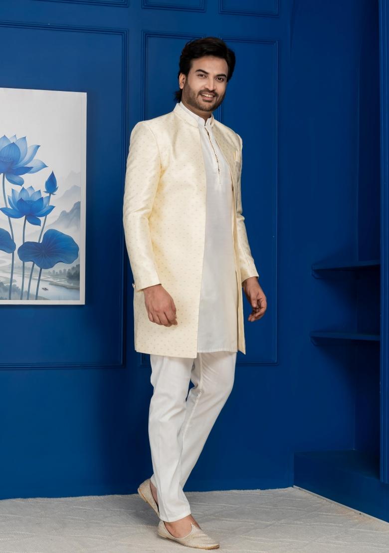 Golden Embroidery Jacquard Sherwani Set For Men - Indya