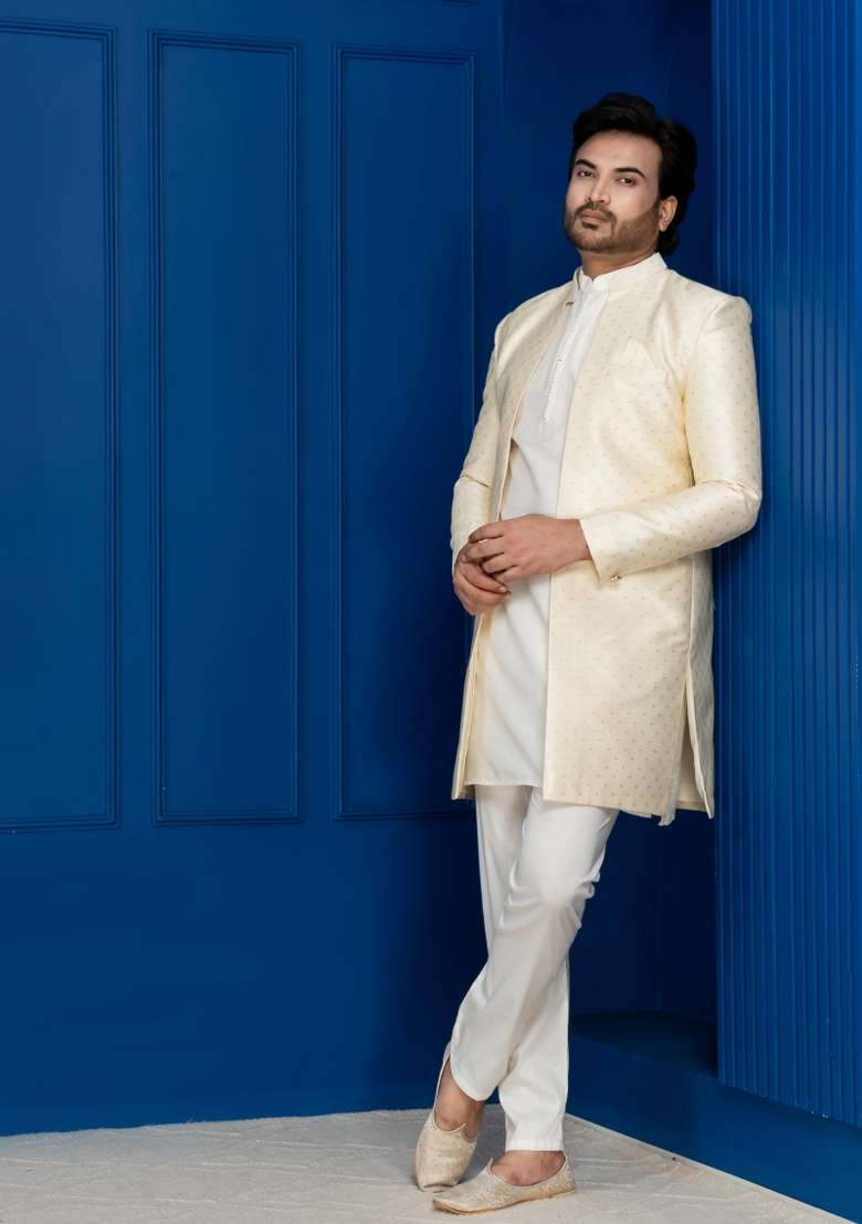 Golden Embroidery Jacquard Sherwani Set For Men - Indya