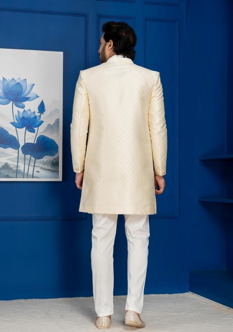 Golden Embroidery Jacquard Sherwani Set For Men - Indya