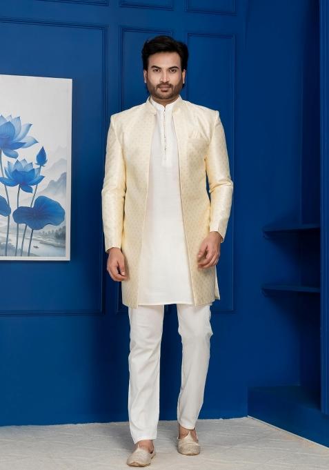 Golden Embroidery Jacquard Sherwani Set For Men