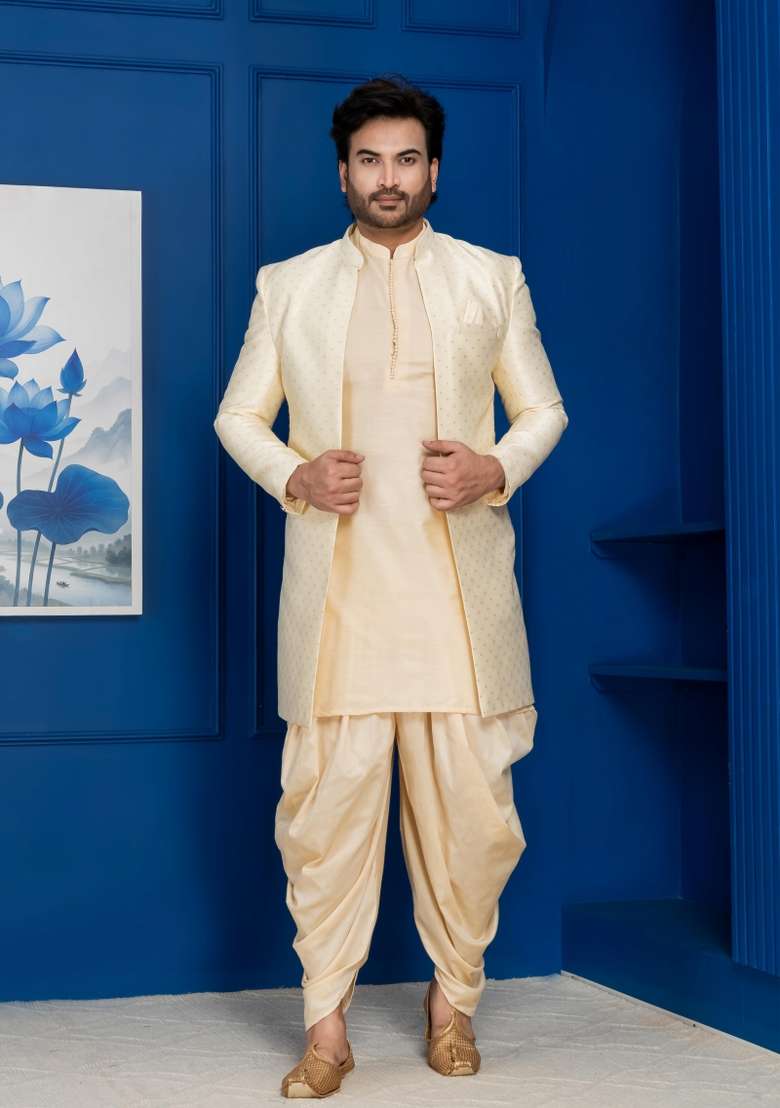Golden Embroidery Jacquard Sherwani Set For Men - Indya