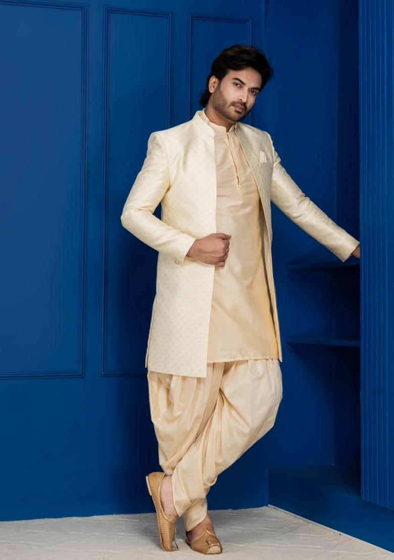 Golden Embroidery Jacquard Sherwani Set For Men - Indya