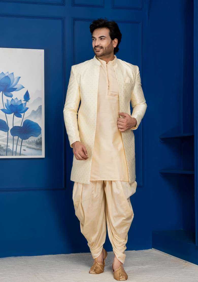 Golden Embroidery Jacquard Sherwani Set For Men - Indya