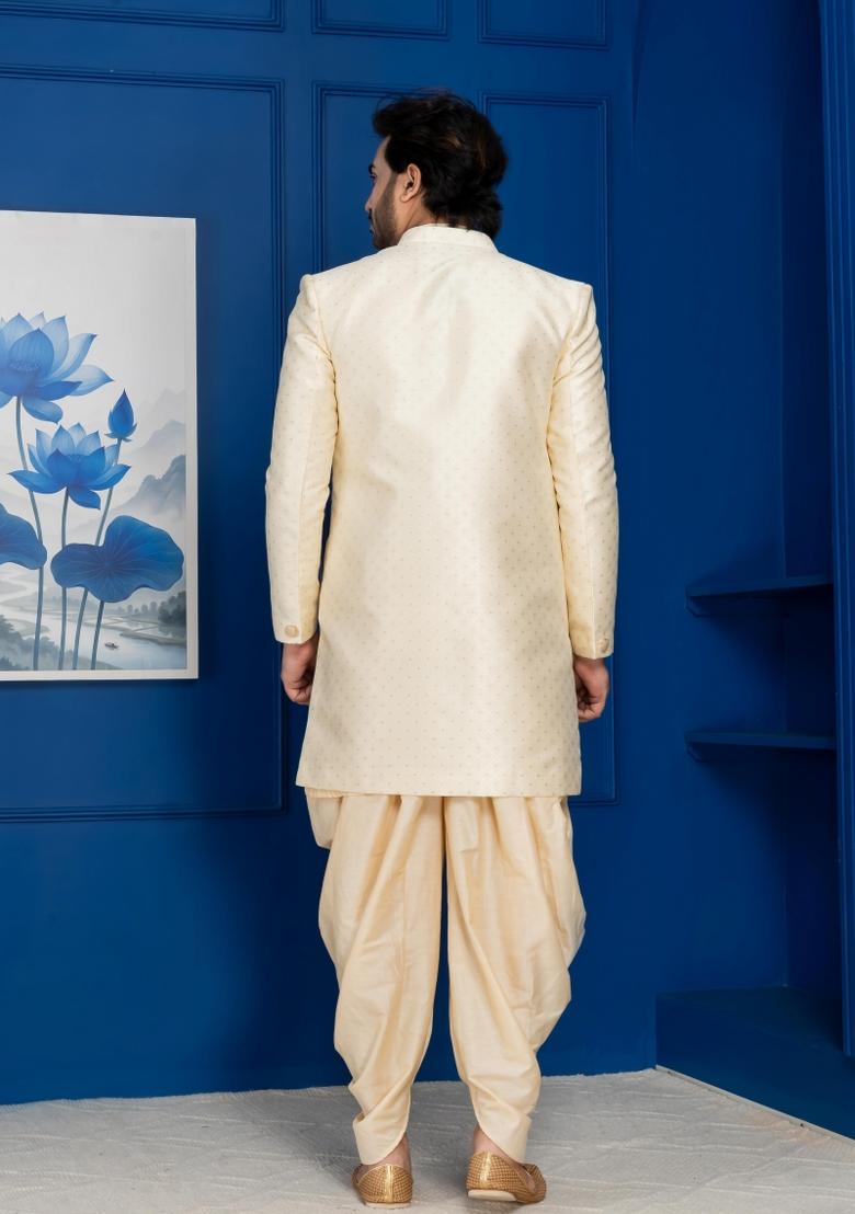 Golden Embroidery Jacquard Sherwani Set For Men - Indya
