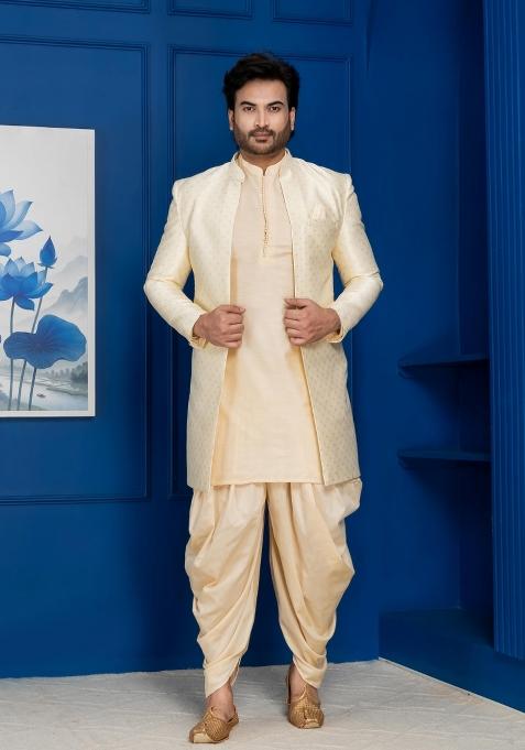 Golden Embroidery Jacquard Sherwani Set For Men