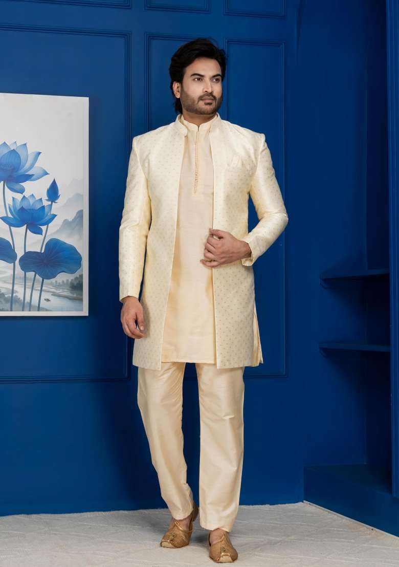 Golden Embroidery Jacquard Sherwani Set For Men - Indya