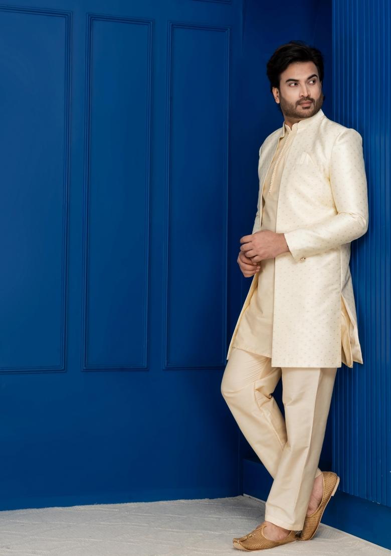 Golden Embroidery Jacquard Sherwani Set For Men - Indya
