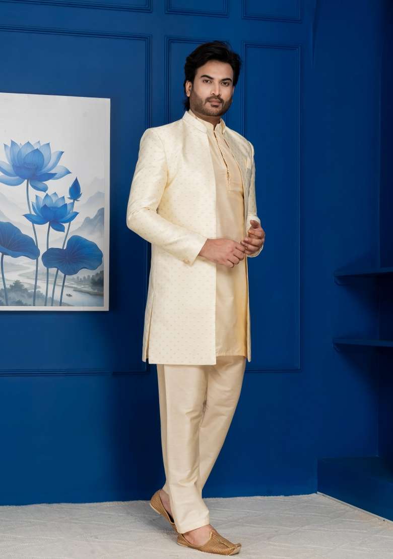 Golden Embroidery Jacquard Sherwani Set For Men - Indya