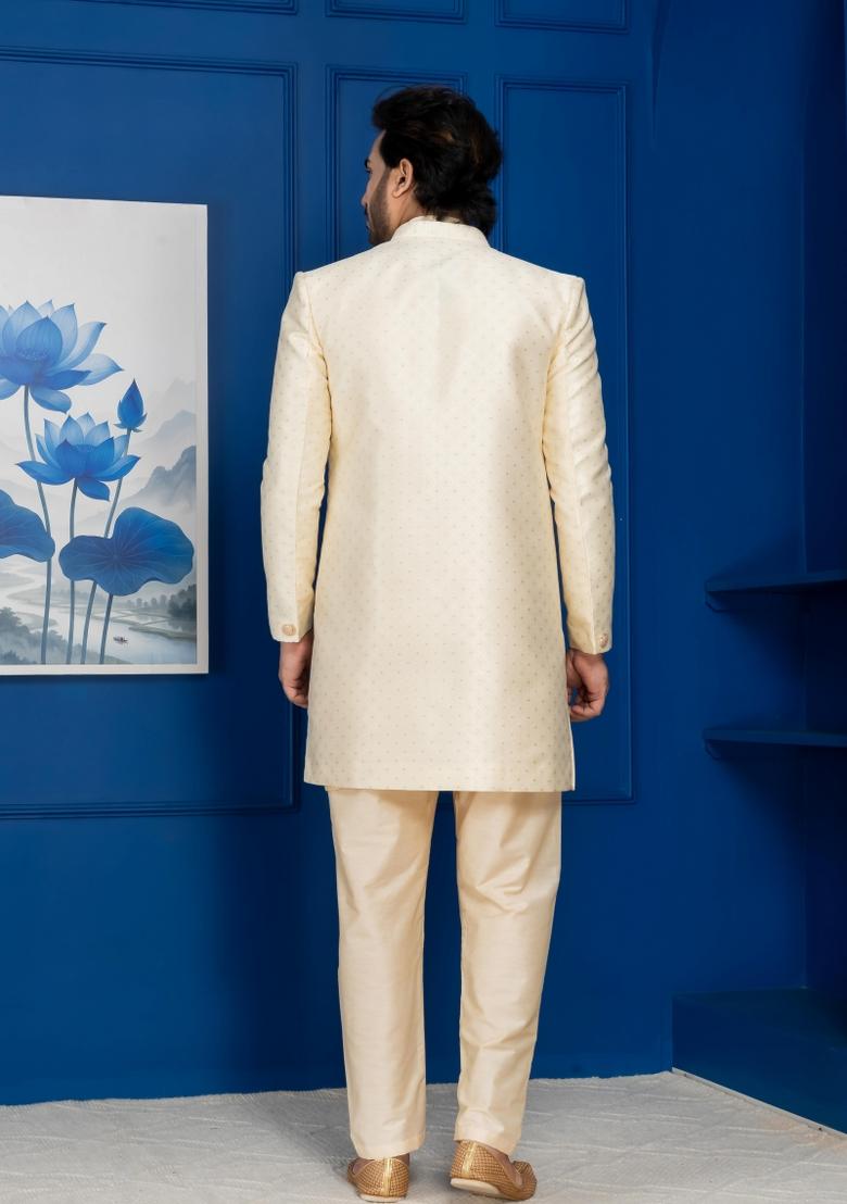 Golden Embroidery Jacquard Sherwani Set For Men - Indya