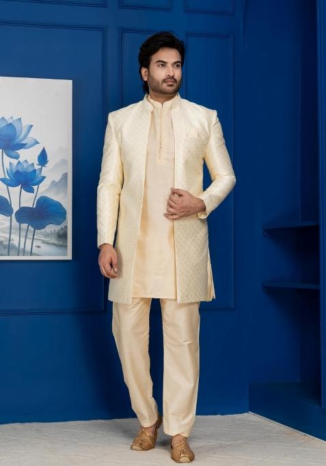 Golden Embroidery Jacquard Sherwani Set For Men