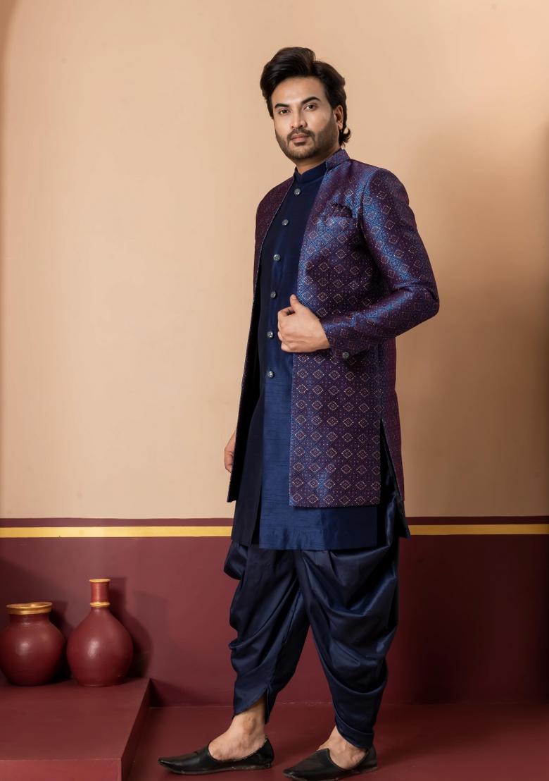 Navy Blue Embroidery Jacquard Sherwani Set For Men - Indya