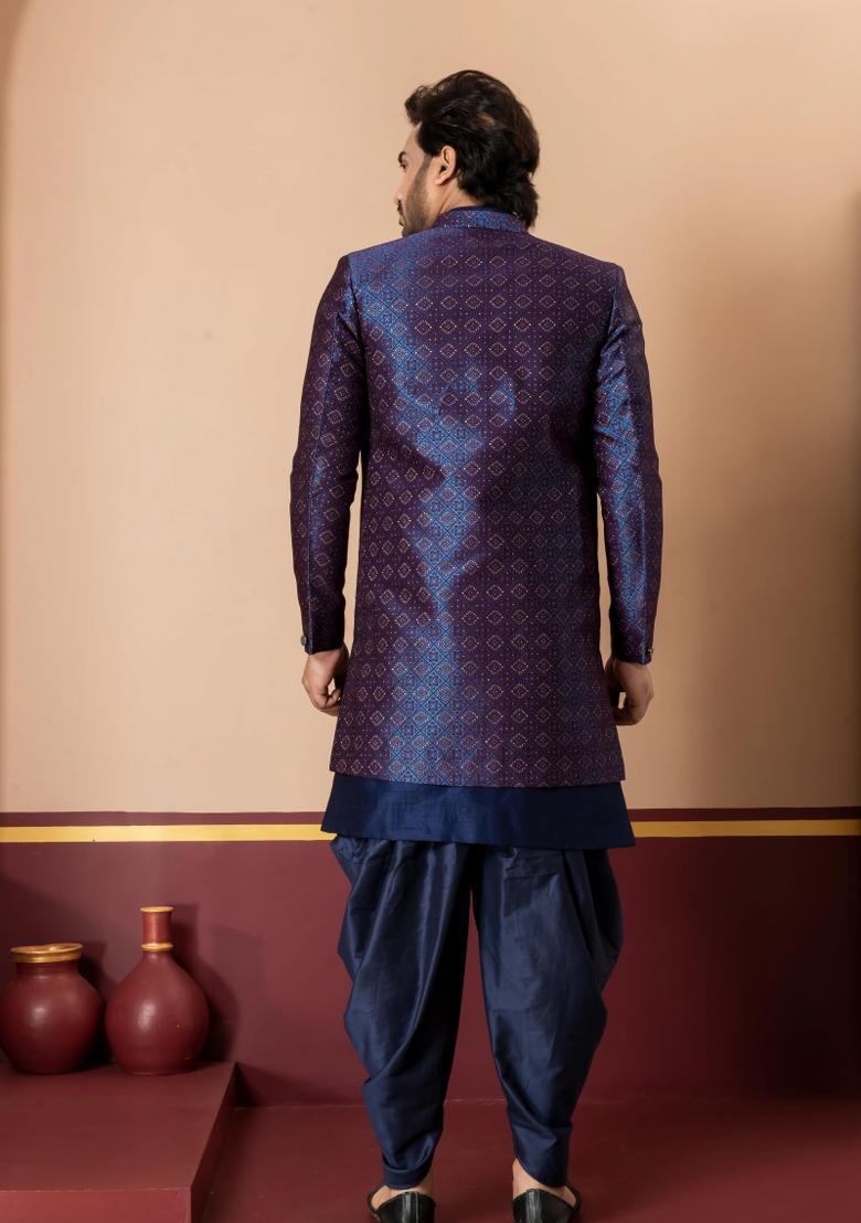 Navy Blue Embroidery Jacquard Sherwani Set For Men - Indya