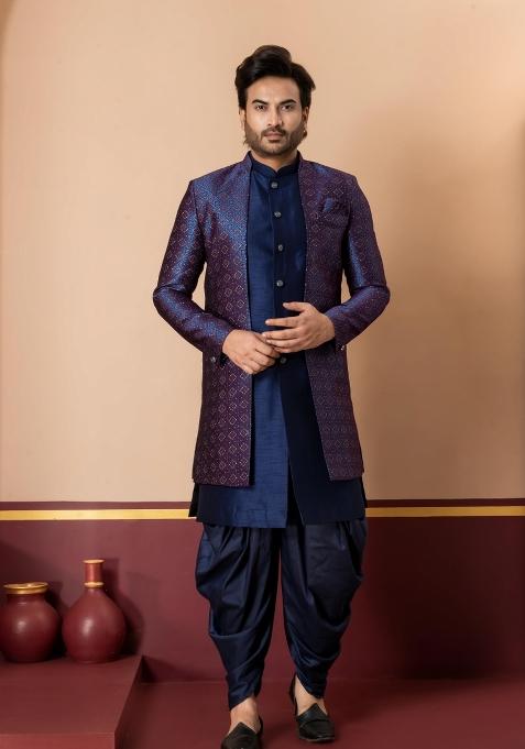 Navy Blue Embroidery Jacquard Sherwani Set For Men