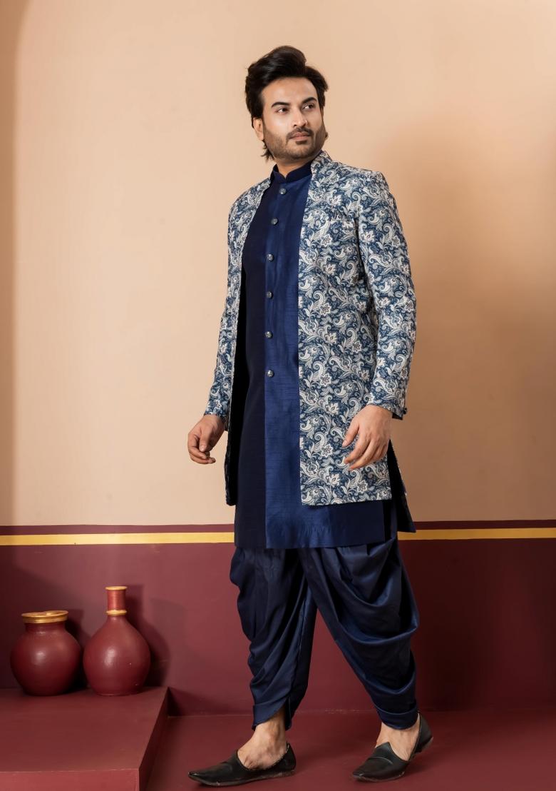 Green Embroidery Jacquard Sherwani Set For Men - Indya