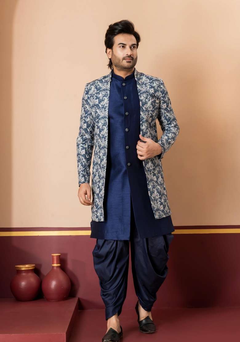 Green Embroidery Jacquard Sherwani Set For Men - Indya