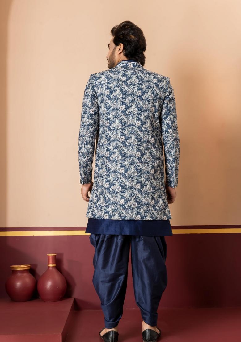 Green Embroidery Jacquard Sherwani Set For Men - Indya
