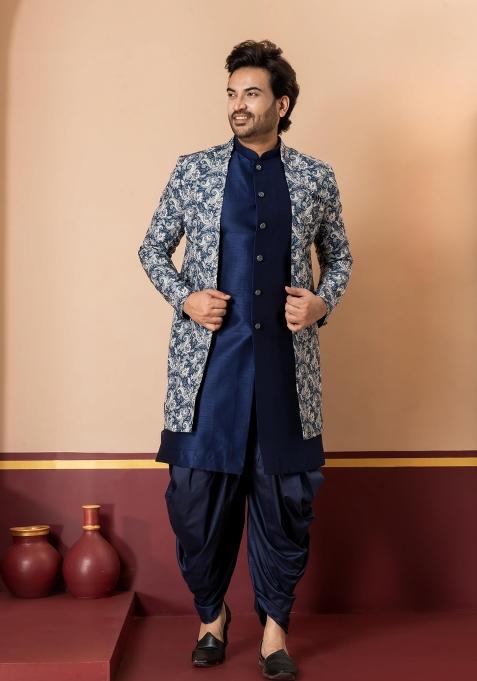 Green Embroidery Jacquard Sherwani Set For Men