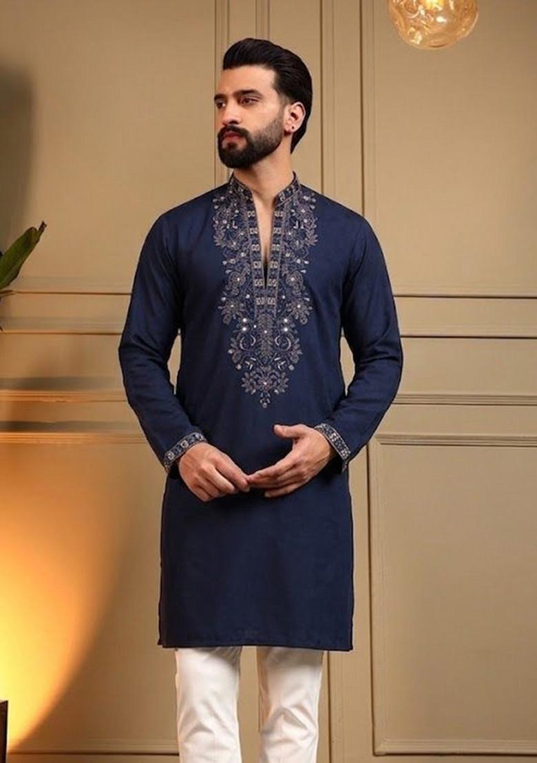 Navy Blue Sequin Work Silk Kurta Pajama For Men - Indya