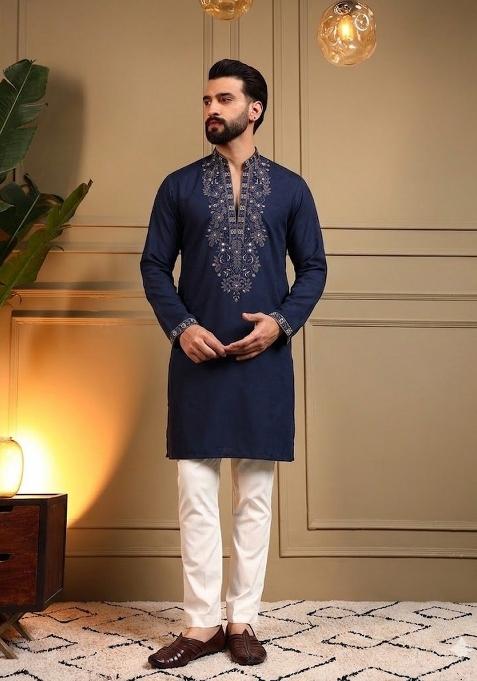 Navy Blue Sequin Work Silk Kurta Pajama For Men