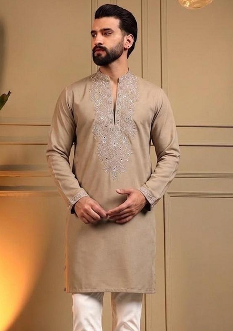 Brown Sequin Work Silk Kurta Pajama For Men - Indya