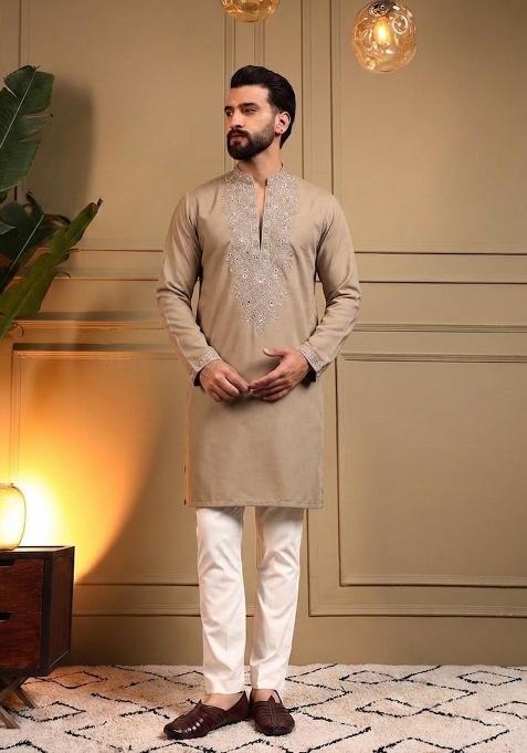 Brown Sequin Work Silk Kurta Pajama For Men