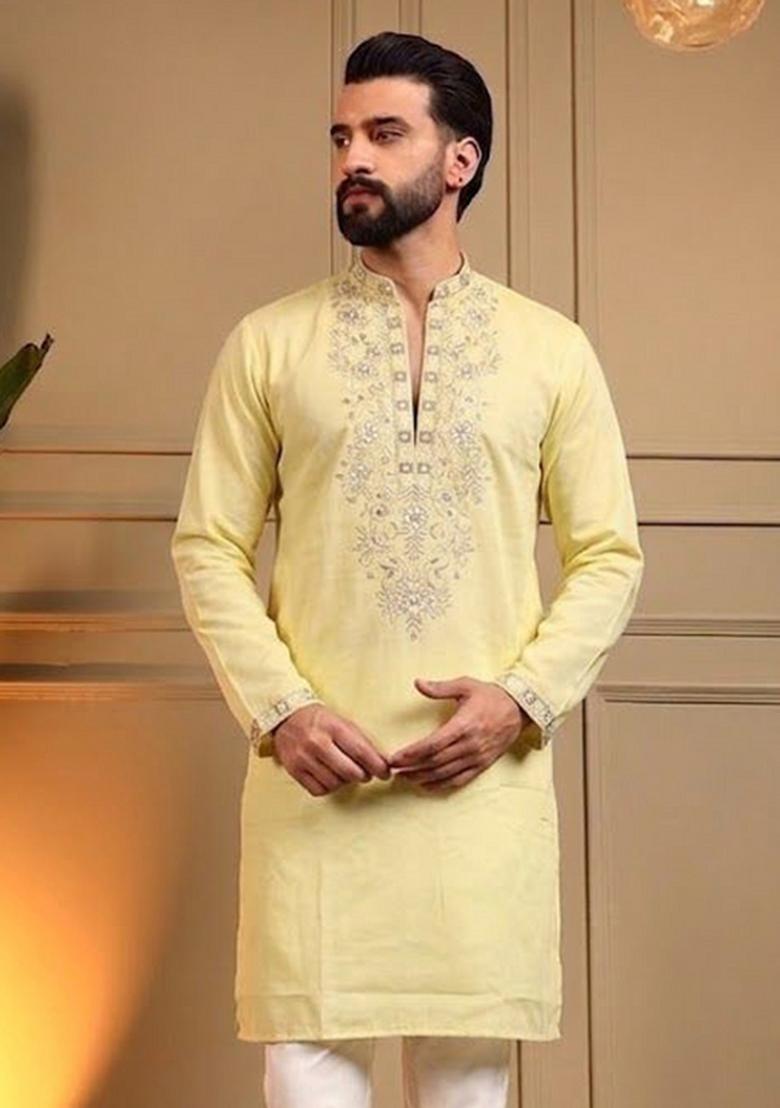 Yellow Sequin Work Silk Kurta Pajama For Men - Indya