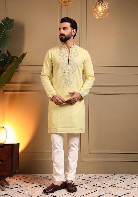 Yellow Sequin Work Silk Kurta Pajama For Men