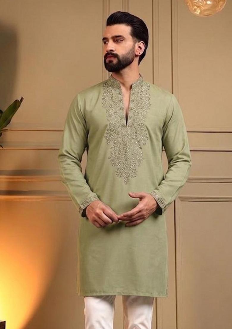 Olive Green Sequin Work Silk Kurta Pajama For Men - Indya