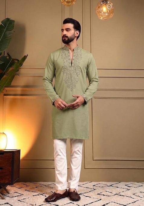 Olive Green Sequin Work Silk Kurta Pajama For Men