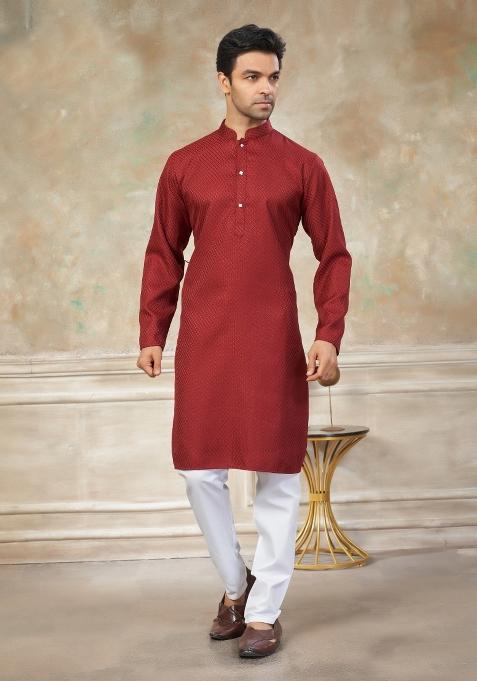 Red Schiffli Work Cotton Kurta Pajama For Men
