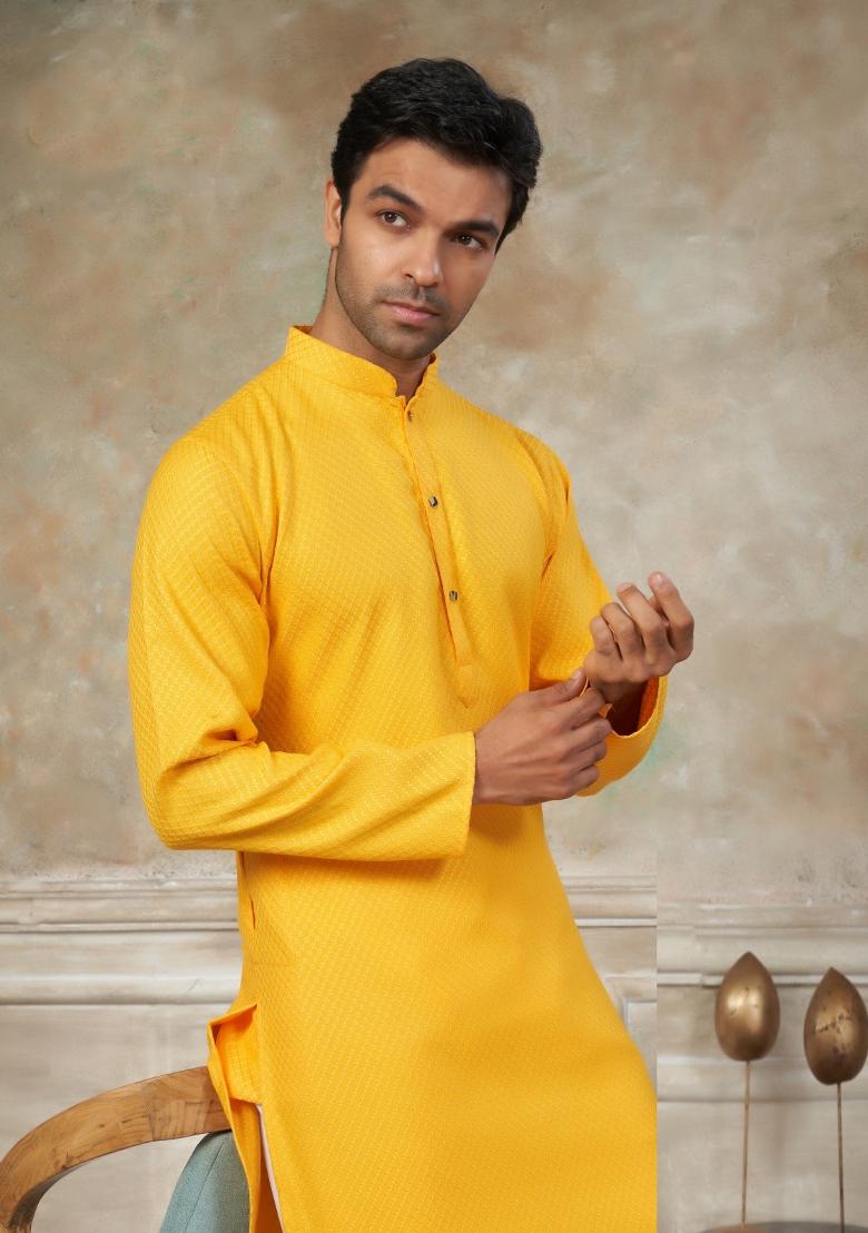Yellow Schiffli Work Cotton Kurta Pajama For Men - Indya