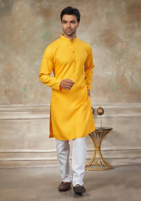 Yellow Schiffli Work Cotton Kurta Pajama For Men