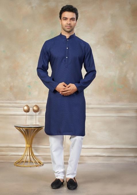 Blue Schiffli Work Cotton Kurta Pajama For Men