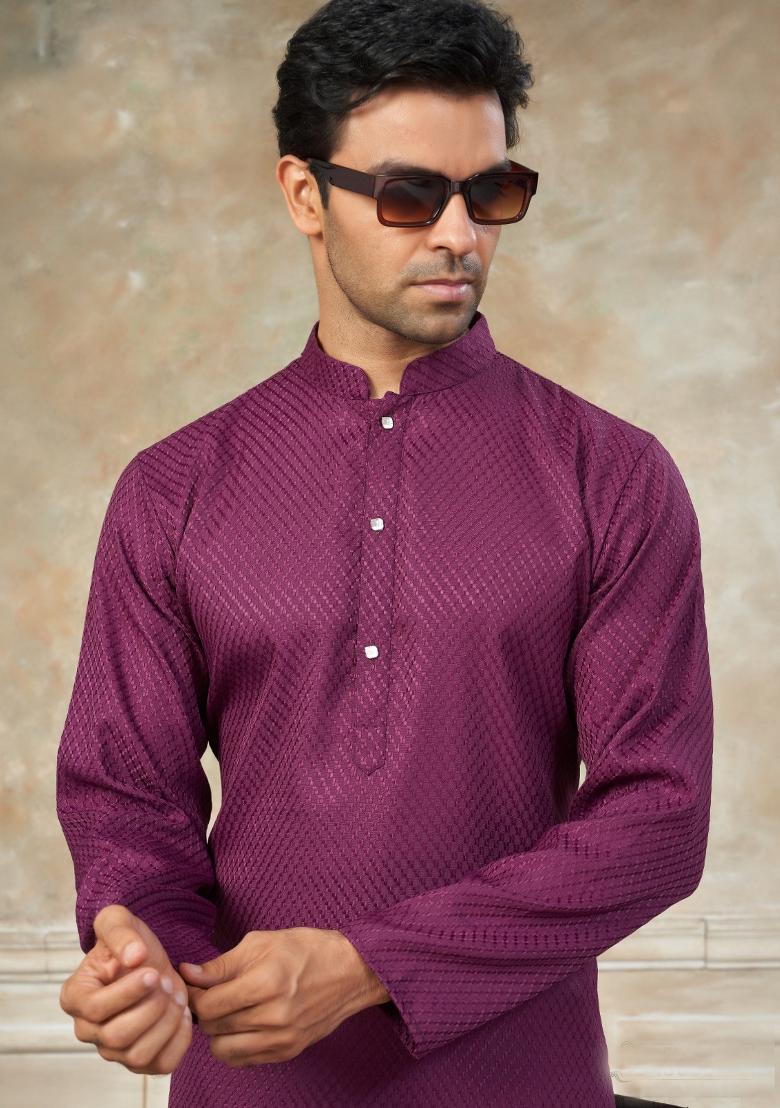 Wine Schiffli Work Cotton Kurta Pajama For Men - Indya