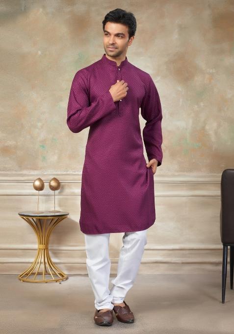 Wine Schiffli Work Cotton Kurta Pajama For Men