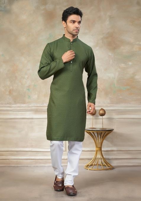 Green Schiffli Work Cotton Kurta Pajama For Men