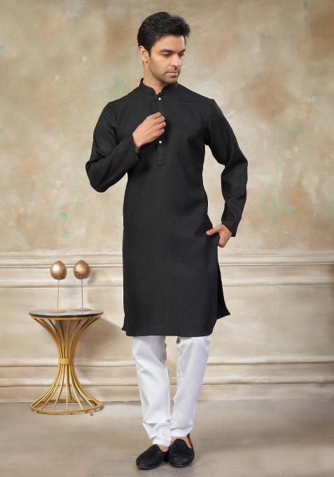 Black Schiffli Work Cotton Kurta Pajama For Men