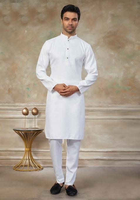 White Schiffli Work Cotton Kurta Pajama For Men