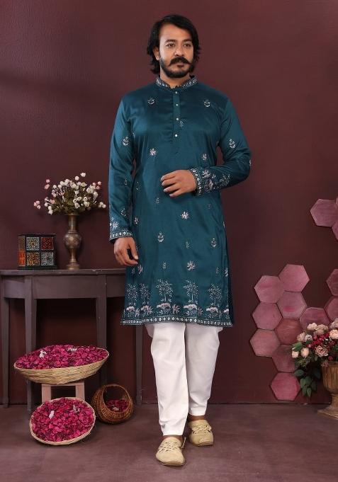 Teal Blue Sequin Work Silk Kurta Pajama For Men
