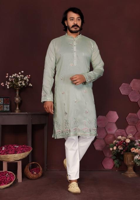 Mint Green Sequin Work Silk Kurta Pajama For Men