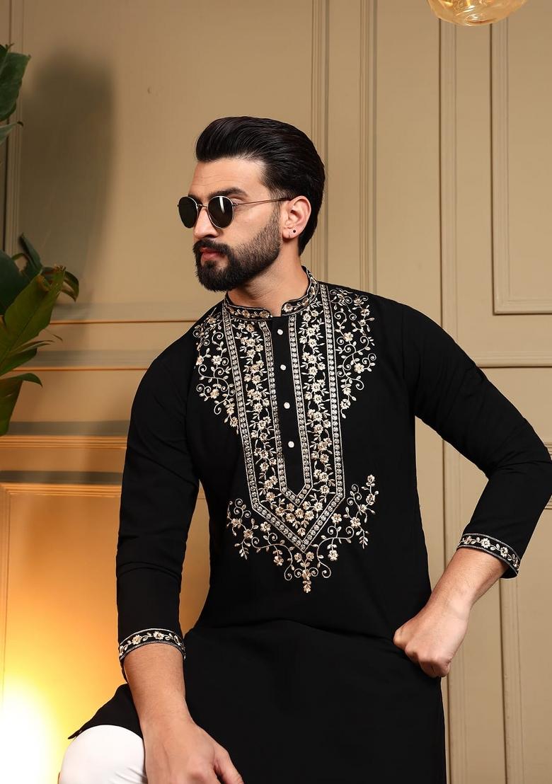 Black Sequin Work Armani Lachko Kurta Pajama For Men - Indya