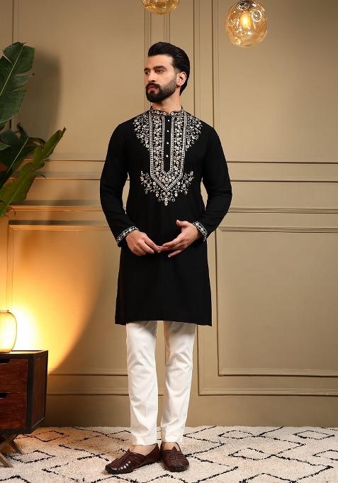 Black Sequin Work Armani Lachko Kurta Pajama For Men