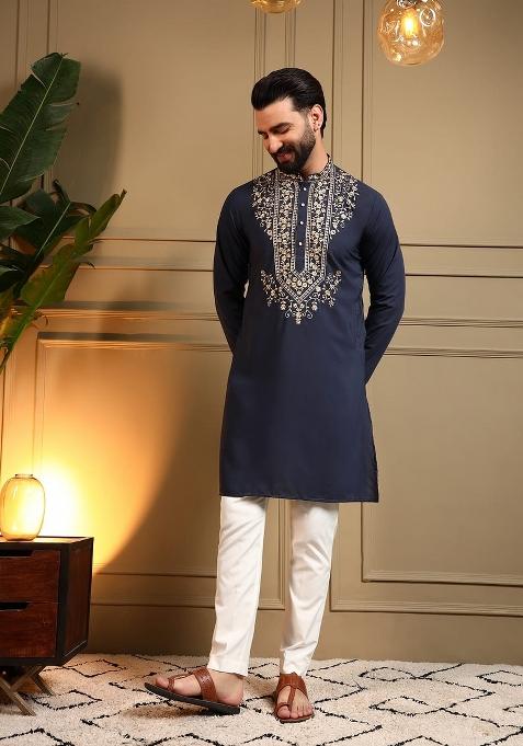 Navy Blue Sequin Work Armani Lachko Kurta Pajama For Men