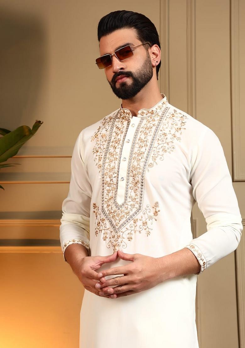 White Sequin Work Armani Lachko Kurta Pajama For Men - Indya