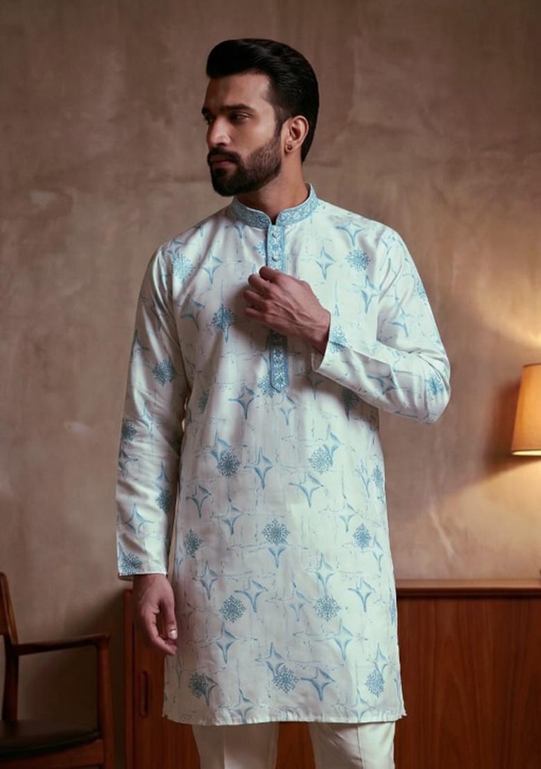 Light Blue Sequin Work Cotton Kurta Pajama For Men - Indya