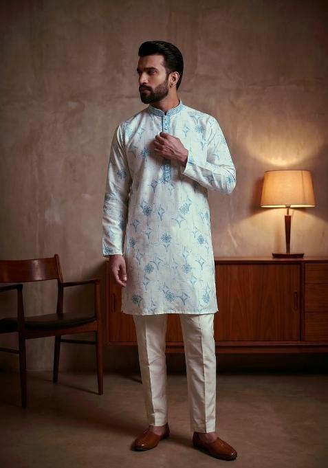 Light Blue Sequin Work Cotton Kurta Pajama For Men