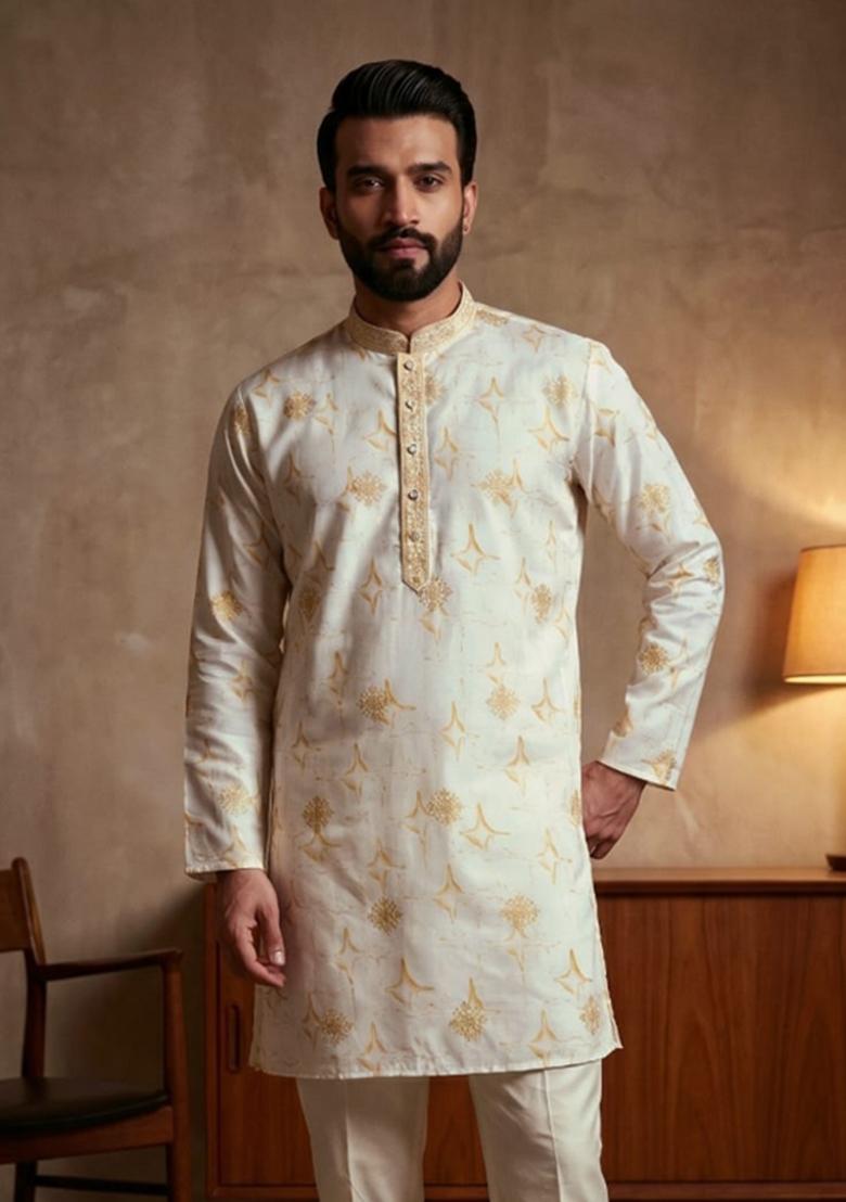 Yellow Sequin Work Cotton Kurta Pajama For Men - Indya
